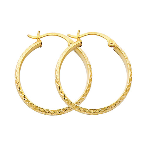 14K Yellow Gold Small Diamond-Cut Thick Hoop Earrings - 3mm x 0.9 inch Slide 0