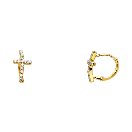 Wavy CZ Cross Huggie Earrings in 14K Yellow Gold Slide 0