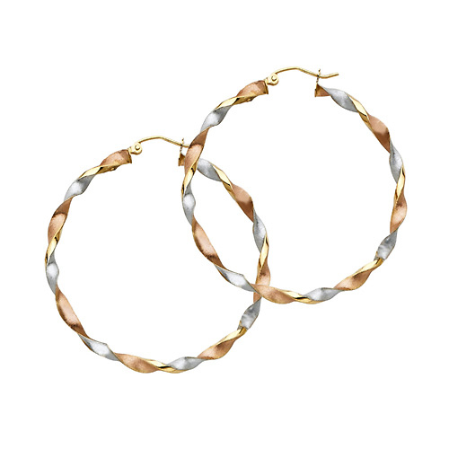 14K Tricolor Gold Medium Twisted Hoop Earrings - 3mm x 1.3 inch Slide 0