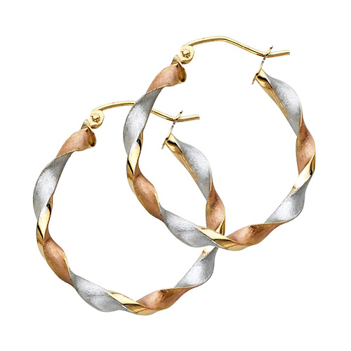 14K Tricolor Gold Medium Twisted Hoop Earrings - 3mm x 0.9 inch Slide 0