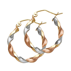 14K Tricolor Gold Small Twisted Hoop Earrings - 3mm x 0.7 inch