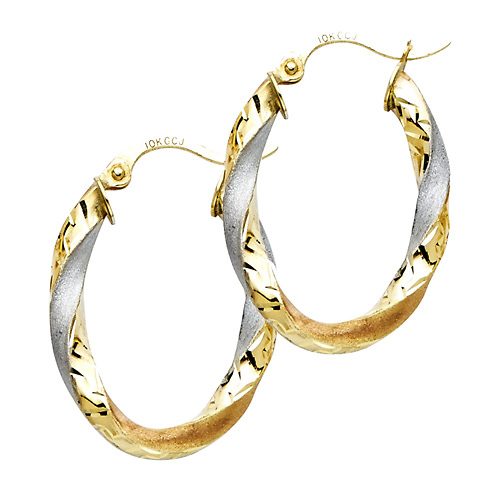 14K Two-Tone Gold Oval Twisted Hoop Earrings Slide 0