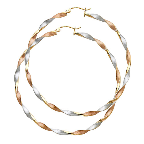 14K TriGold Extra Large Twisted Hoop Earrings - 3mm x 2.5 inch Slide 0