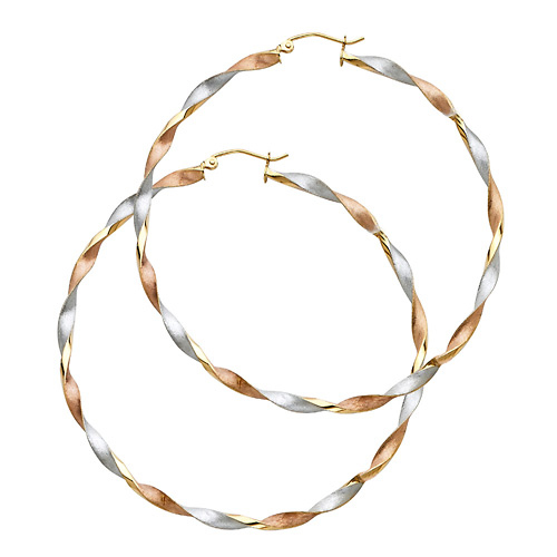 14K Tricolor Gold Large Twisted Hoop Earrings - 3mm x 2.1 inch Slide 0