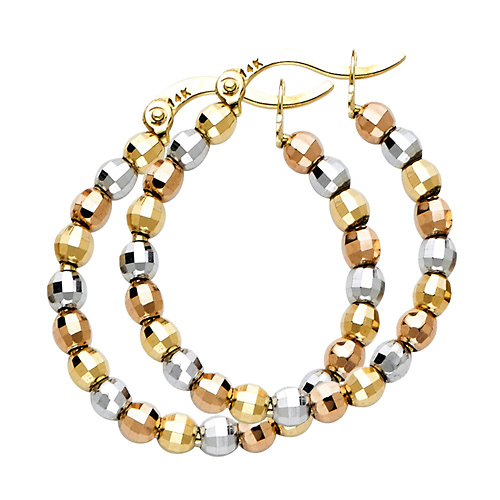 Medium 14K Tricolor Gold Faceted Beaded Hoop Earrings - 3mm x 0.9 inch Slide 0