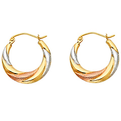 14K TriGold Polished & Textured Crescent Hoop Earrings