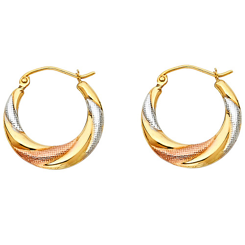 14K TriGold Polished & Textured Crescent Hoop Earrings Slide 0