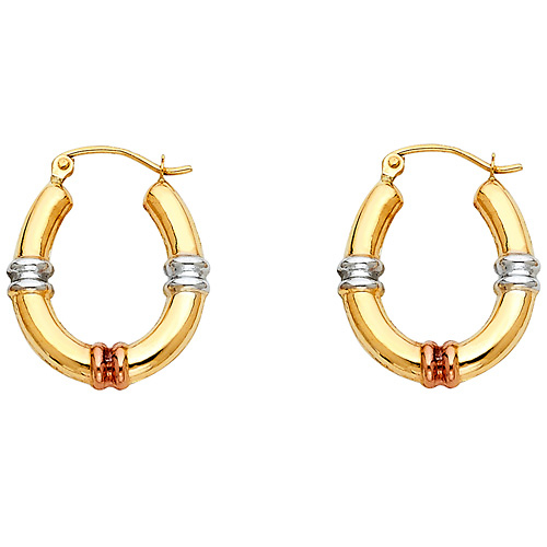 14K TriGold Oval Hinge Hoop Earrings Slide 0