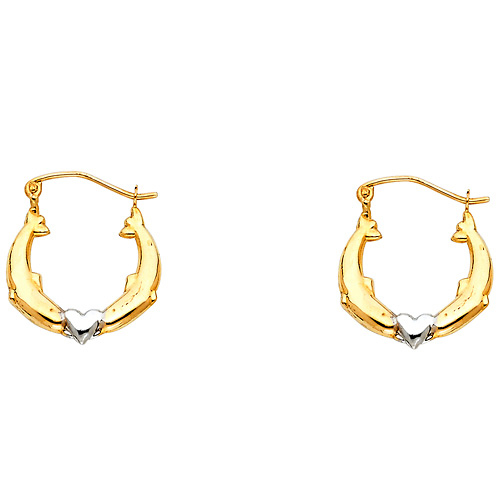 14K Two-Tone Gold Dolphin Heart Hoop Earrings Slide 0