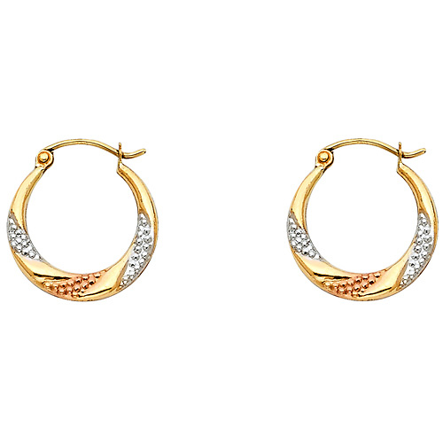 14K TricGold Crescent Milgrain Detailed Hoop Earrings Slide 0
