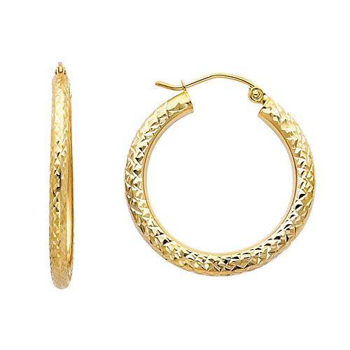 Small Rounded Diamond-Cut Hoop Earrings - 14K Yellow Gold 3mm x 0.9 inch Slide 0