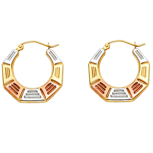 Textured Octagonal Crescent Hoop Earrings in 14K Tricolor Gold Slide 0