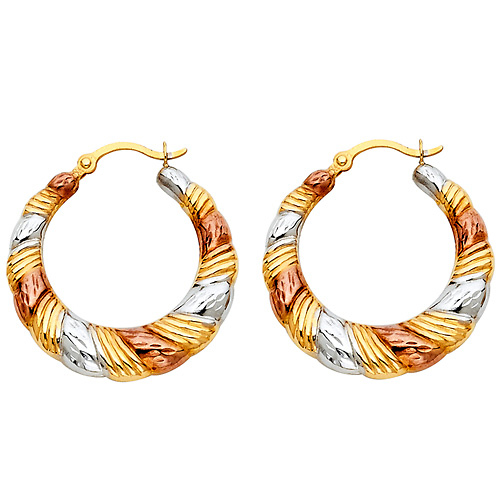 14K TriGold Ribbed Crescent Hoop Earrings Slide 0