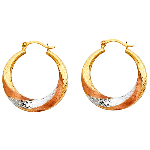 14K TriGold Faceted & Satin Crescent Hoop Earrings Slide 0