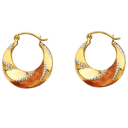 14K TriGold Fancy Crescent Hoop Earrings Slide 0