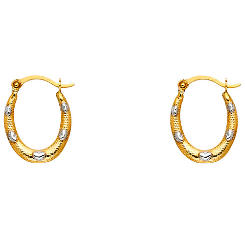 Petite 14K Two-Tone Gold Oval Textured with Hearts Hoop Earrings Slide 0