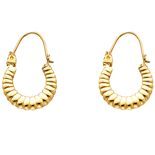 Fancy Small Ribbed Hoop Earrings - 14K Yellow Gold Slide 0