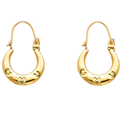Small High Polished with Hearts Hoop Earrings - 14K Yellow Gold Slide 0