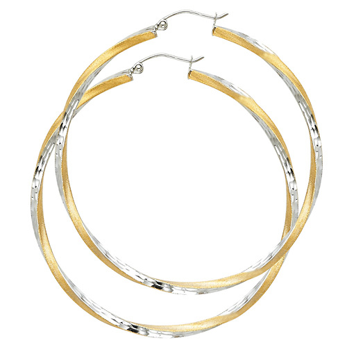 Large Twisted Satin Diamond-Cut Hinge Hoop Earrings - 14K Two-Tone Gold 2.6mm x 2.1 inch Slide 0