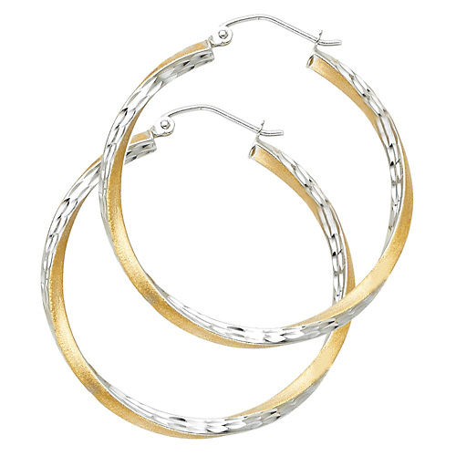 Medium Twisted Satin Diamond-Cut Hinge Hoop Earrings - 14K Two-Tone Gold 2.6mm x 1.3 inch Slide 0