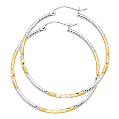 Medium Diamond-Cut Hoop Earrings - 14K Two-Tone Gold 2mm x 1.3 inch