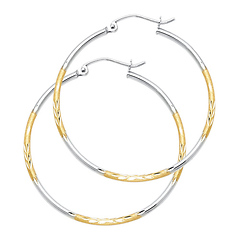 Medium Diamond-Cut Hoop Earrings - 14K Two-Tone Gold 2mm x 0.9 inch