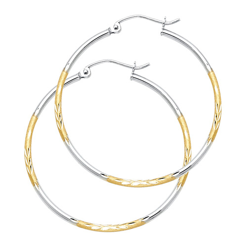 Medium Diamond-Cut Hoop Earrings - 14K Two-Tone Gold 2mm x 0.9 inch Slide 0