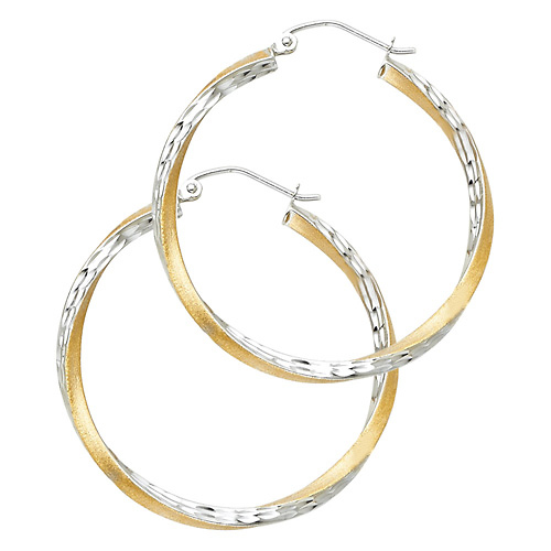 Medium Twisted Satin Diamond-Cut Hinge Hoop Earrings - 14K Two-Tone Gold 2.6mm x 1.1 inch Slide 0