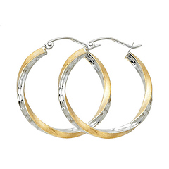 Small Twisted Satin Diamond-Cut Hinge Hoop Earrings - 14K Two-Tone Gold 2.6mm x 0.9 in