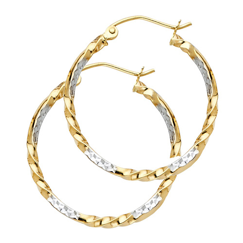 Small Twisted Diamond-Cut Hoop Earrings - 14K Two-Tone Gold 2mm x 0.7 inch Slide 0