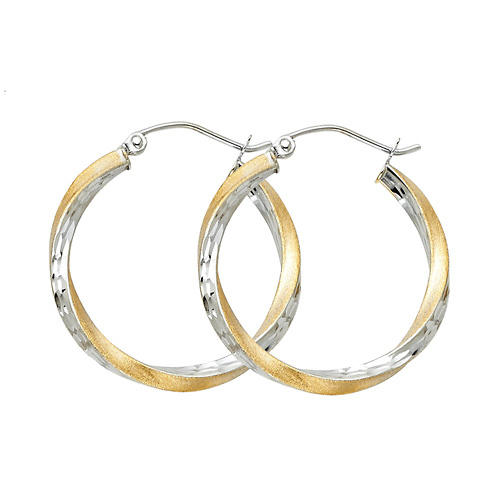 Small Twisted Satin Diamond-Cut Hinge Hoop Earrings - 14K Two-Tone Gold 2.6 mm x 0.7 inch Slide 0