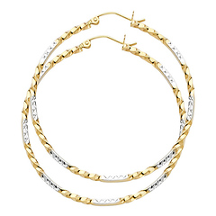 Large Twisted Diamond-Cut Hoop Earrings - 14K Two-Tone Gold 2mm x 1.7 inch
