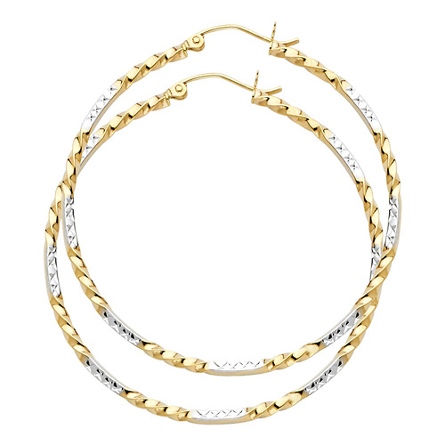 Large Twisted Diamond-Cut Hoop Earrings - 14K Two-Tone Gold 2mm x 1.7 inch Slide 0