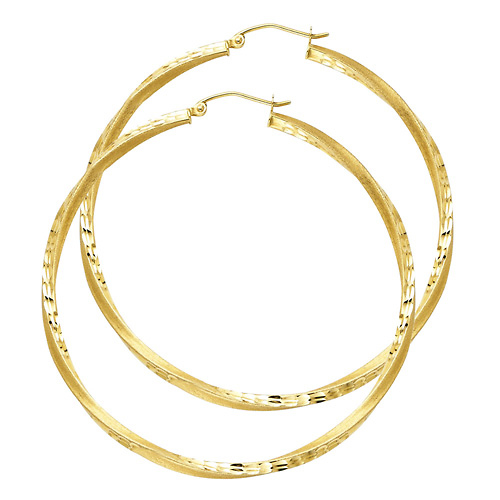Large Twisted Satin Diamond-Cut Hinge Hoop Earrings - 14K Yellow Gold 2.6mm x 2.1 inch Slide 0