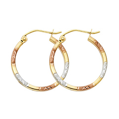 Small Satin Diamond-Cut Hoop Earrings - 14K Tricolor Gold 1.5mm x 0.7 inch