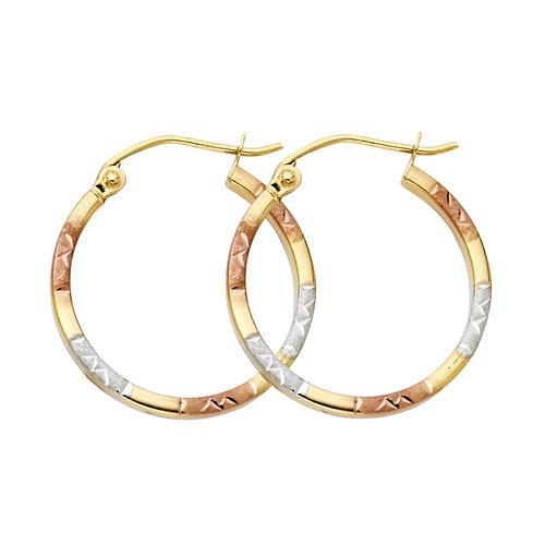 Small Satin Diamond-Cut Hoop Earrings - 14K Tricolor Gold 1.5mm x 0.7 inch Slide 0
