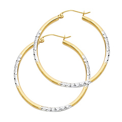 Medium Rounded Diamond-Cut Hoop Earrings - 14K Two-Tone Gold 2mm x 1.1 inch