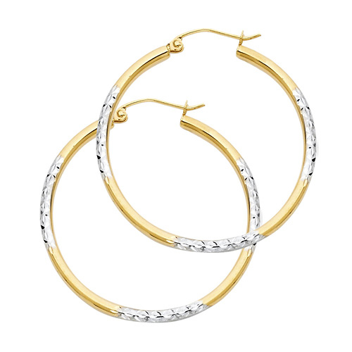 Medium Rounded Diamond-Cut Hoop Earrings - 14K Two-Tone Gold 2mm x 1.1 inch Slide 0