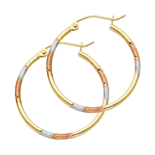 Medium Rounded Satin Smooth Hoop Earrings - 14K TriGold 1.5mm x 0.9 inch Slide 0