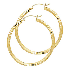 Medium Twisted Satin Diamond-Cut Hinge Hoop Earrings - 14K Yellow Gold 2.6mm x 1.3 inch