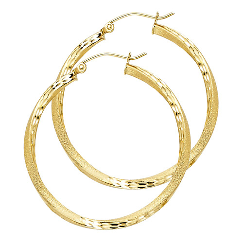 Medium Twisted Satin Diamond-Cut Hinge Hoop Earrings - 14K Yellow Gold 2.6mm x 1.3 inch Slide 0