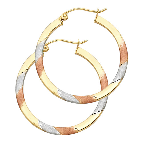 Medium Satin Smooth Hoop Earrings - 14K Tricolor Gold 2mm x 1.1 inch Slide 0