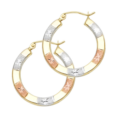 Small Satin Star Diamond-Cut Hoop Earrings - 14K TriGold 2mm x 0.9 inch Slide 0
