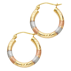 Small Crisscross Satin Smooth Hoop Earrings - 14K Tricolor Gold 2mm x 0.7 inch
