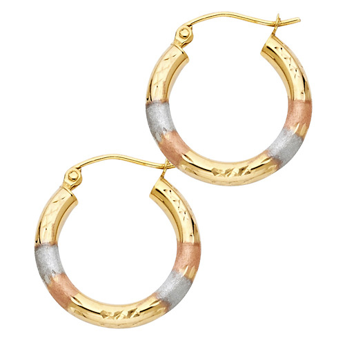Small Crisscross Satin Smooth Hoop Earrings - 14K Tricolor Gold 2mm x 0.7 inch Slide 0
