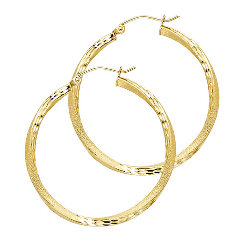 Medium Twisted Satin Diamond-Cut Hinge Hoop Earrings - 14K Yellow Gold 2.6mm x 1.1 inch Slide 0