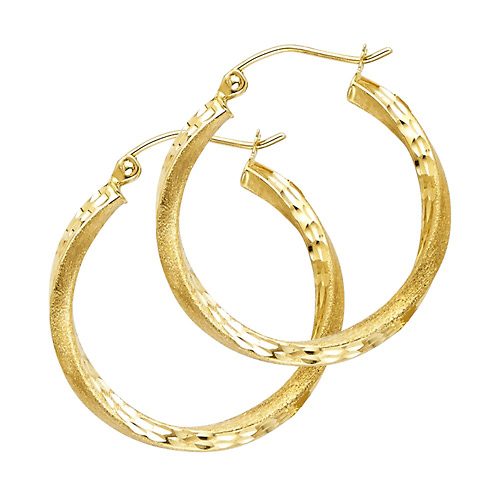 Small Twisted Satin Diamond-Cut Hinge Hoop Earrings - 14K Yellow Gold 2.6mm x 0.9 inch Slide 0