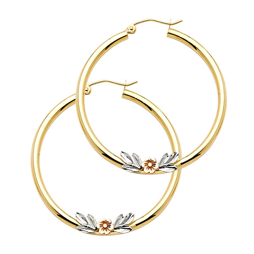 Medium Polished Flower Hoop Earrings - 14K Yellow Gold 2.5mm x 1.1 inch Slide 0