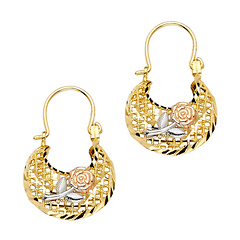Fancy Oval Rose Hoop Earrings - 14K TriGold