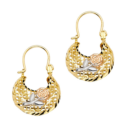 Fancy Oval Rose Hoop Earrings - 14K TriGold Slide 0